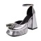 Round Toe Chunky Heels Snake Print Ankle Buckle Straps Platforms Pumps - Silver Faux Leather