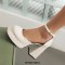 Square Toe Chunky Heels Platforms Cotton Ankle Buckle Straps Pumps - Beige