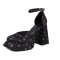 Square Toe Chunky Heels Platforms Satin Ankle Buckle Straps Pumps - Black