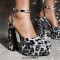 Pointed Toe Double Layer Platforms Glossy Ankle Buckle Straps Chunky Heels Sandals - Black Leopard Patent