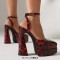 Pointed Toe Double Layer Platforms Glossy Ankle Buckle Straps Chunky Heels Sandals - Red Leopard Patent