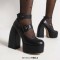 Round Toe Chunky Heels Ankle Buckle Double Straps Platforms Pumps - Black Faux Leather