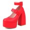 Round Toe Chunky Heels Ankle Buckle Double Straps Platforms Pumps - Red Faux Leather
