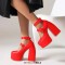 Round Toe Chunky Heels Ankle Buckle Double Straps Platforms Pumps - Red Faux Leather