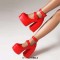 Round Toe Chunky Heels Ankle Buckle Double Straps Platforms Pumps - Red Faux Leather