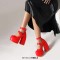 Round Toe Chunky Heels Ankle Buckle Double Straps Platforms Pumps - Red Faux Leather