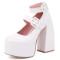Round Toe Chunky Heels Ankle Buckle Double Straps Platforms Pumps - White Faux Leather