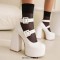 Round Toe Chunky Heels Ankle Buckle Double Straps Platforms Pumps - White Faux Leather