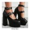 Round Toe Platforms Ankle Straps Croco Embbossed Chunky Heels Mary Janes Pumps - Black