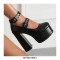 Round Toe Platforms Ankle Straps Croco Embbossed Chunky Heels Mary Janes Pumps - Black
