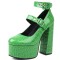 Round Toe Platforms Ankle Straps Croco Embbossed Chunky Heels Mary Janes Pumps - Green