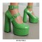 Round Toe Platforms Ankle Straps Croco Embbossed Chunky Heels Mary Janes Pumps - Green