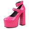 Round Toe Platforms Ankle Straps Croco Embbossed Chunky Heels Mary Janes Pumps - Rose Red