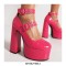 Round Toe Platforms Ankle Straps Croco Embbossed Chunky Heels Mary Janes Pumps - Rose Red