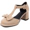 Round Toe Bowtied T Straps Chunky Heels Dorsay Pumps - Beige