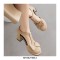 Round Toe Bowtied T Straps Chunky Heels Dorsay Pumps - Beige