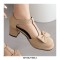 Round Toe Bowtied T Straps Chunky Heels Dorsay Pumps - Beige