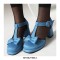 Round Toe Bowtied T Straps Chunky Heels Dorsay Pumps - Blue