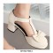 Round Toe Bowtied T Straps Chunky Heels Dorsay Pumps - White