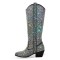 Pointed Toe Chunky Heels Rhinestones Blings Knee High Western Cowboy Pull On Boots - Black Sequined Cloth