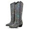 Pointed Toe Chunky Heels Rhinestones Blings Knee High Western Cowboy Pull On Boots - Black Sequined Cloth