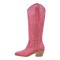 Pointed Toe Chunky Heels Rhinestones Blings Knee High Western Cowboy Pull On Boots - Pink Sequined Cloth