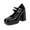 Square Toe Chunky Heels Rhinestones Double Straps Mary Janes Patent Platform Pumps - Black