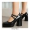 Square Toe Chunky Heels Rhinestones Double Straps Mary Janes Patent Platform Pumps - Black