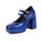 Square Toe Chunky Heels Rhinestones Double Straps Mary Janes Patent Platform Pumps - Blue