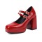 Square Toe Chunky Heels Rhinestones Double Straps Mary Janes Patent Platform Pumps - Red