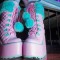 Round Toe Ankle Highs Platforms Cute Anime Double Color Lace Up Wedges Boots - Pink Blue Faux Leather