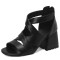 Peep Toe Back Zipper Chunky Heels Roman Summer Sandals - Black