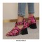 Peep Toe Back Zipper Chunky Heels Snake Print Roman Summer Sandals - Rose Red