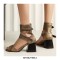 Peep Toe Ankle Straps Snake Print Chunky Heels Boots Sandals - Auburn