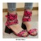 Peep Toe Ankle Straps Snake Print Chunky Heels Boots Sandals - Rose Red