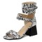 Peep Toe Ankle Straps Snake Print Chunky Heels Boots Sandals - White