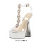 Peep Toe Ankle Buckle T Straps Bowling heels Platforms Rhinestones Transparent Sandals - Silver PVC