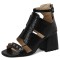Peep Toe Ankle Straps Snake Print Chunky Heels Sandals - Black