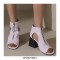 Peep Toe Front Zipper Snake Print Chunky Heels Sandals Boots - Pink