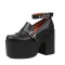 Round Toe Chunky Heels Platforms College Lolita Creepers Ankle Buckle Straps Loafers - Black