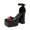 Square Toe Chunky Heels Heart Pattern Cute Ankle Buckle Straps Platforms Sandals - Black Patent