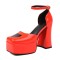Square Toe Chunky Heels Heart Pattern Cute Ankle Buckle Straps Platforms Sandals - Orange Patent
