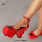 Square Toe Chunky Heels Heart Pattern Cute Ankle Buckle Straps Platforms Sandals - Red Patent