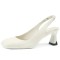 Square Toe Chunky Heels Leather Vintage Slingback Pumps - Beige