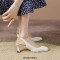 Square Toe Chunky Heels Leather Vintage Slingback Pumps - Beige