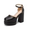 Round Toe Chunky Heels Ankle Buckle Straps Platforms Pumps with Back Zipper - Black