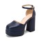Round Toe Chunky Heels Ankle Buckle Straps Platforms Pumps with Back Zipper - Blue