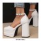 Round Toe Chunky Heels Ankle Buckle Straps Platforms Pumps with Back Zipper - White