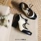 Round Toe Chunky Heels Retro French Maid Lace Up Pumps - Black