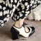 Round Toe Chunky Heels Retro French Maid Lace Up Pumps - Black